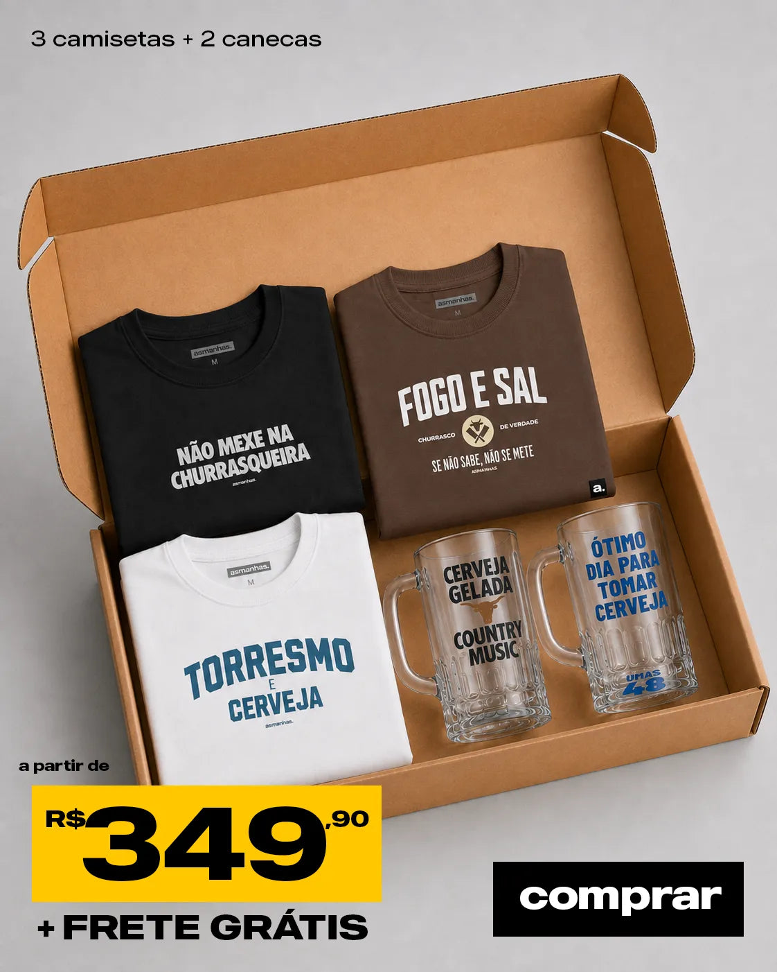 Kit Churras: 3 Camisetas + 2 Copos