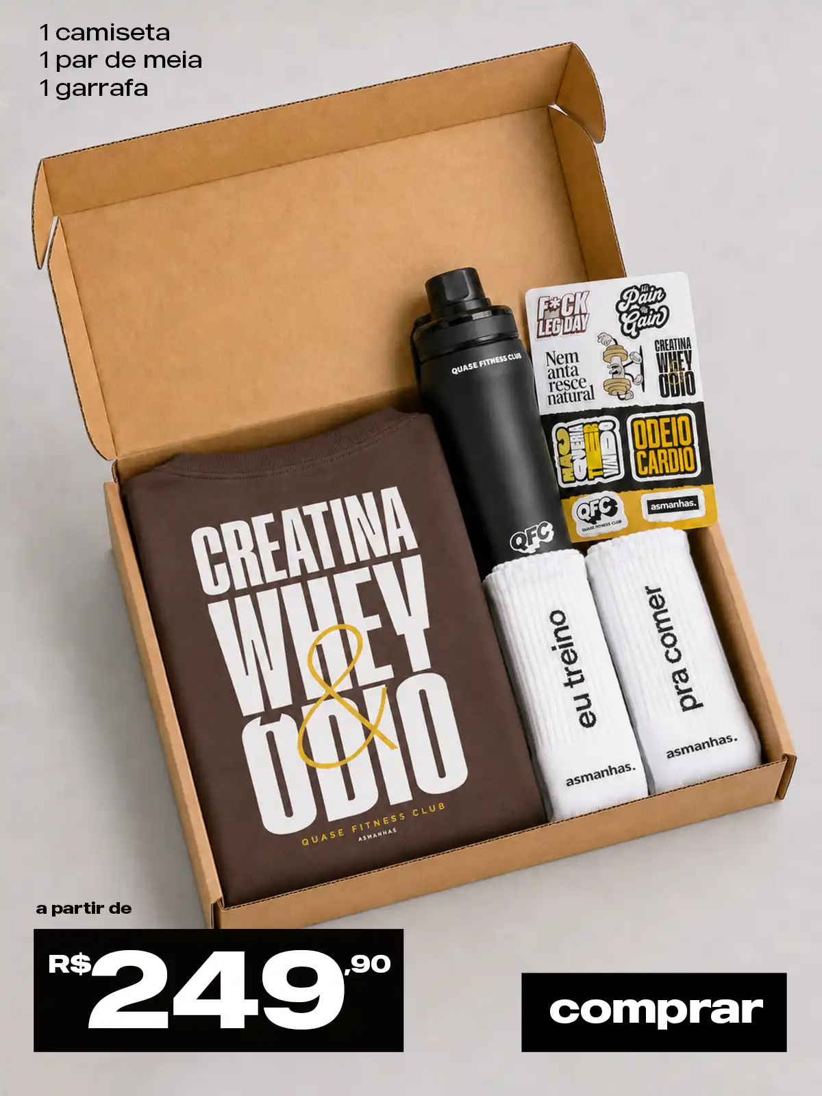 Kit Quase Fitness Club - Camiseta + Meia + Garrafa